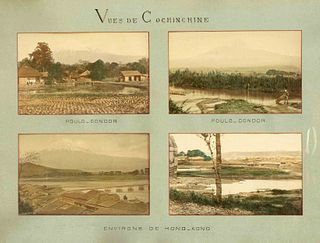 Four color photographs of the surroundings of Hong Kong around 1900, ''Vue sde Cochinichine - Environs de Hong-Kong'', mounted together behind a typog