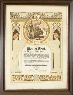 Decorative master craftsman's diploma for chimney sweep (Chamber of Crafts Gera) in Art Nouveau style, 1901, chromolithogr. of the Kgl. UniversitÃ¤tsd