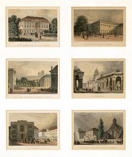 12 Small views of Berlin, col. etchings by different engravers circa 1850, each 11,5 x 15,5 cm, 6. framed in two frames behind mount and glass 55 x 47