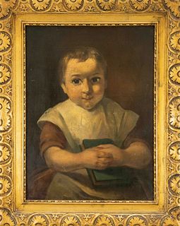 Anonymous portrait painter of the 19th century, portrait of a small child with book, oil on wood, unsigned, 45 x 34 cm, framed 58 x 46 cm