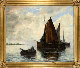 Jacques Samu Kende (1865-1952), Fishing Boats off the Coast, oil on canvas, signed lower left, craquelÃ©, 82 x 100 cm, framed 96 x 113 cm