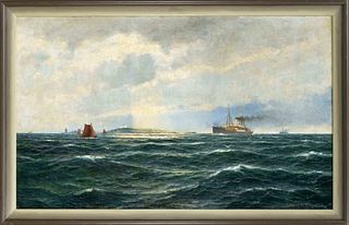 Franz Carl Herpel (1850-1933), a marine painter born in Voronezh in Russia, steamboats and sailors off the coast of an island, oil on canvas, signed &