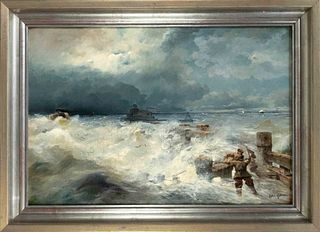 Robert Alott (1850-1910), actually Robert Kronawetter, an Austrian landscape and genre painter of the DÃ¼sseldorf School. Two sailors help moor a boat