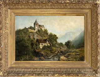 signed Gruber, mid 19th century, romantic mountain landscape with church and hut at the torrent with figural staffage, oil on canvas, signed lower rig
