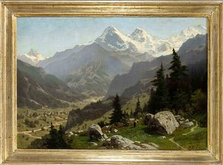 Paula Bonte (1840-1902), German painter from Magdeburg, studied with Eduard Pape and Otto von Kameke in Berlin. Large alpine landscape with a view of 