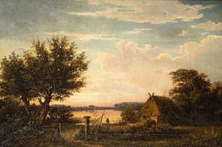 Monogramist AU, 19th century, ''Sunrise in the Masuria'', oil on canvas, monogrammed lower right, strong craquelÃ©, 42 x 64 cm, framed 53 x 74 cm