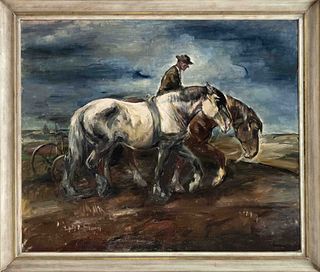 Erhardt Erdmann (1903-1941), studied in KÃ¶nigsberg, worked in Berlin, killed in action in France. Large depiction of two working horses with farmer i