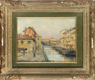 G. Pessina, ital. Painter 1st half 20th c., view of an urban canal with figure staffage, oil on panel, signed lower left ''G. Pessina Bisti'', 20 x 26
