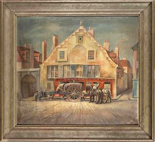 signed Eggers, 1st half of the 20th century, horse-drawn carriage with a large barrel in front of a French inn, oil on canvas over cardboard, signed '