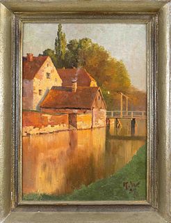 Karl Wendel (1878-1943) (attrib.), Berlin landscape painter, view of an old town moat in the evening light, oil on cardboard, monogrammed a. dated ''K