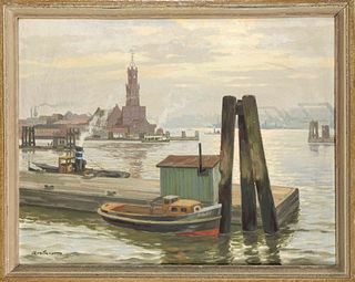 signed Greiner, 1st half 20th century, Hamburg harbor with the Kehrwiederspitze, oil on canvas, signed ''Greiner'' lower left, 53 x 70 cm, framed 59 x