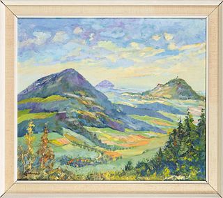 Unidentified painter mid-20th century, colorful low mountain landscape, oil on canvas, bottom left indistinctly signed ''Lechner'' (?), 55 x 65 cm, fr