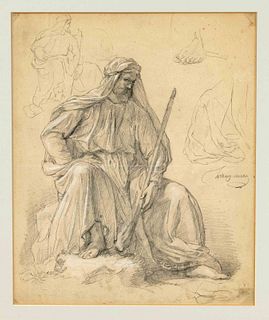 Unknown draughtsman c. 1900, study of a resting Arab with rifle, pencil on paper, heightened with white, indistinctly signed lower right, 39 x 32 cm, 