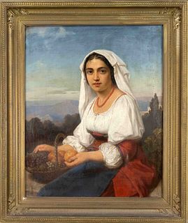 Unknown painter, 1st half of the 19th century, young Italian woman in traditional costume with fruit basket in front of a mountainous landscape, oil o