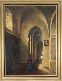 Jos. Hinterlohr, Munich painter early 20th century, church interior in Boulanger/France, oil on plywood, signed lower left and place-named Munich, ver