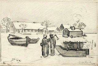 Mixed lot of 8 drawings by different artists of the 20th century: among others Hugo Scheele (1881-1960), Dorf im Winter mit Paar im GesprÃ¤ch, charcoa