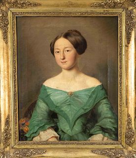 J. Diez, portrait painter c. 1850, portrait of a young lady in emerald green dress, oil on canvas, signed and dated lower left ''J. Diez f. 1852'', 50