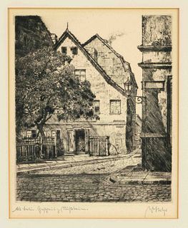 Willy Stelzer (1883-1953), old Berlin view with the inn "zum NuÃŸbaum", etching, signed lower right, inscribed lower left, 25,5 x 21 cm, framed behind