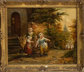 Adrien Ferdinand de Braekeleer (1818-1904) (attrib.), in front of a house entrance children scatter flowers on the way before an approaching processio