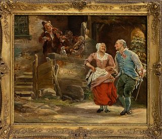 Adrien Ferdinand de Braekeleer (1818-1904) (attrib.), Old peasant couple dancing accompanied by three strings.  Scenic genre piece probably by the han