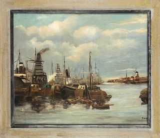 signed ''P.d.Hue...'', Dutch painter mid-20th c., harbor lot, oil on plywood, indistinctly signed lower right, 60 x 73 cm, framed 75 x 88 cm