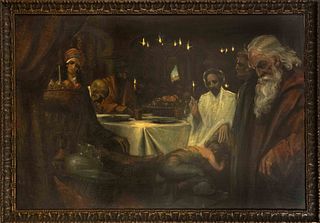 Eduard Houbolt (1885-1954), Dutch painter, monumental depiction of the washing of Christ's feet by Mary Magdalene in an interior lit by candles. Oil o