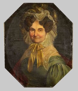 Anonymous Biedermeier portrait painter c. 1830, Portrait of an elderly woman with luxuriant headdress, oil on canvas, octagonal, unsigned, relined, re