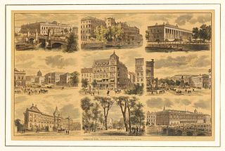 Berlin souvenir sheet of the 19th century, 9 lithographed views of Berlin after photographs by Wilhelm Hermes on one sheet, inscribed on the lower mar