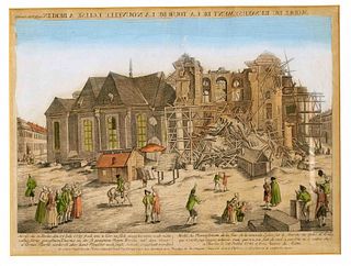Set of 3 views of Berlin, 18th/19th c.: peep-box sheet of the collapsed tower at the Gendarmenmarkt in 1781, view of the Stadtschloss seen from the La