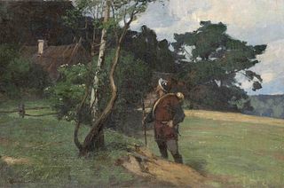 Johannes Rudolphi (1877-1950), German landscape painter of Post-Impressionism, active in Potsdam, landscape with a man in medieval costume in front of
