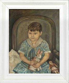 J. Mangels, portrait painter c. 1920, portrait of a child with a plush rabbit and doll in an armchair, oil on canvas, signed & dated (19)28 lower righ