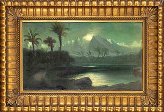 Anonymous landscape painter late 19th century, exotic mountain landscape with palm trees in the moonlight, oil on cardboard, unsigned, slightly wavy, 