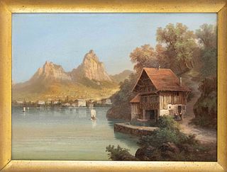 View painter of the 19th century, view of Treib on Lake Lucerne in Switzerland, oil on cardboard, unsigned, verso old label inscribed, 23 x 31 cm, fra