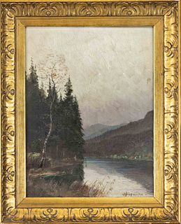 J. Pollinger (?), Autumn day at a Bavarian river with angler, oil on wood, signed ''J. Pollinger/Possinger'' (?) lower right, as well as dated ''MÃ¼nc