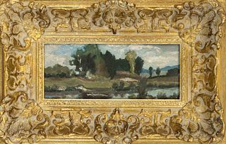Monogramist RG, mid-20th century, impressionistic landscape, oil on wood, monogrammed lower right, 11.5 x 24 cm. framed 25 x 38 cm