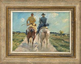 Franz Marx (1889-1960), two riders on a summer field path, oil on hardboard, signed lower right, 18 x 25 cm, framed 32 x 39 cm
