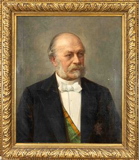 Anonymous portrait painter of the 19th century, portrait of a decorated man with badge of honor and green-orange sash, oil on canvas, unsigned, minima