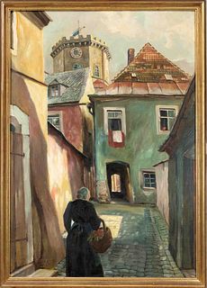 K. Fuchs-Huber, Munich painter 1st h. 20th c., Altstadtgasse mit MÃ¼tterchen mit GemÃ¼sekorb, oil on plywood, signed and place-noted lower left, 85 x 