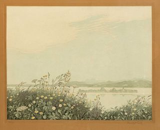 Rudolf Sieck (1877-1957), View over the Chiemsee with the Fraueninsel, color aquatint, signed by hand lower right, numbered 73/150 lower left, heavily