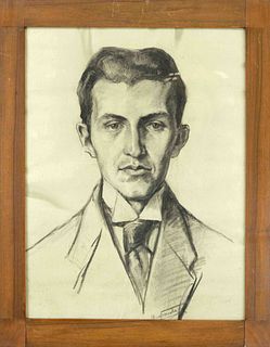 Else Franke, artist 1st half 20th century, portrait of Georg Grauert at the age of 22, charcoal drawing on grayish paper, signed lower right, wavy, 48