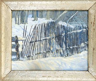 signed Gebelein, German painter c. 1925, fence in winter landscape, oil on cardboard, signed lower right ''Gebelein 1925'', 33 x 43 cm, framed behind 