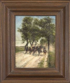 Ludwig Putz (1866-1947) (attrib.), Austrian military painter, cavalry riding along an avenue, oil on canvas, unsigned, inscribed on verso ''gemalen 18