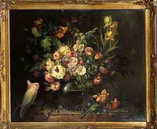 Carl Heinrich KÃ¼pper (1864-?), Munich painter, large floral still life with cockatoo, lizard and insects, oil on hardboard, signed & dated lower righ