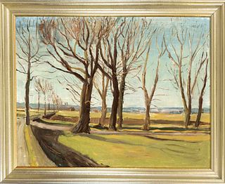 Monogramist A.D., 1st half of 20th century, wide, tree-lined autumn landscape, oil on canvas, signed lower right, 72 x 94 cm, framed 86 x 107 cm