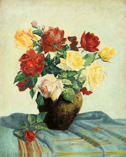 monogrammed H.v.D., mid-20th c., still life of roses, oil on canvas, monogrammed and dated (19)57 lower left, 36 x 30 cm, framed 45 x 38 cm