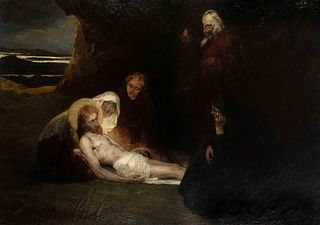 Unidentified 19th century painter, Large Entombment of Christ in a Cave with a View of a Mountainous Landscape, oil on canvas, inscribed ''ad Uhl'' (?