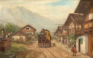 J. Schneider, 1st half of 20th century, stagecoach in Garmisch-Partenkirchen, oil on wood, signed lower left, 13.5 x 20.5 cm, framed 27 x 33 cm