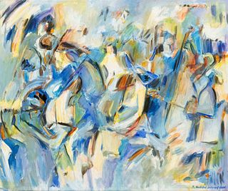 Helga Hentschel-Holterdorf, contemporary artist, large expressive orchestra scene, oil on canvas, bottom right signed and dated 2000, 100 x 120 cm, fr