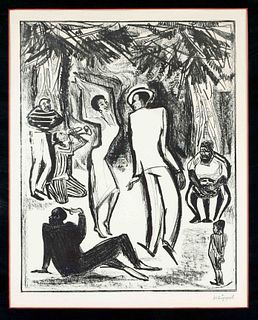 signed Klippel, graphic artist mid-20th century, two large lithographs with figurative scenes: Dancing couple under palm trees, and the same couple at