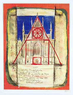 Axel Guhlmann (*1966), contemporary, Leipzig artist. Design for the installation in memory of the blown up Paulinerkirche in Leipzig, color offset, bo